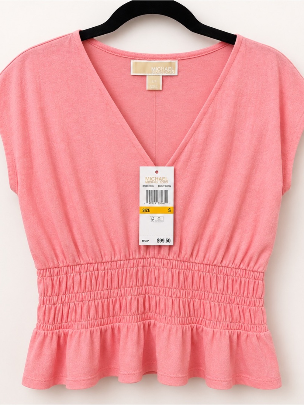 Michael Kors Coral Pink V-Neck Smocked Waist Peplum Blouse